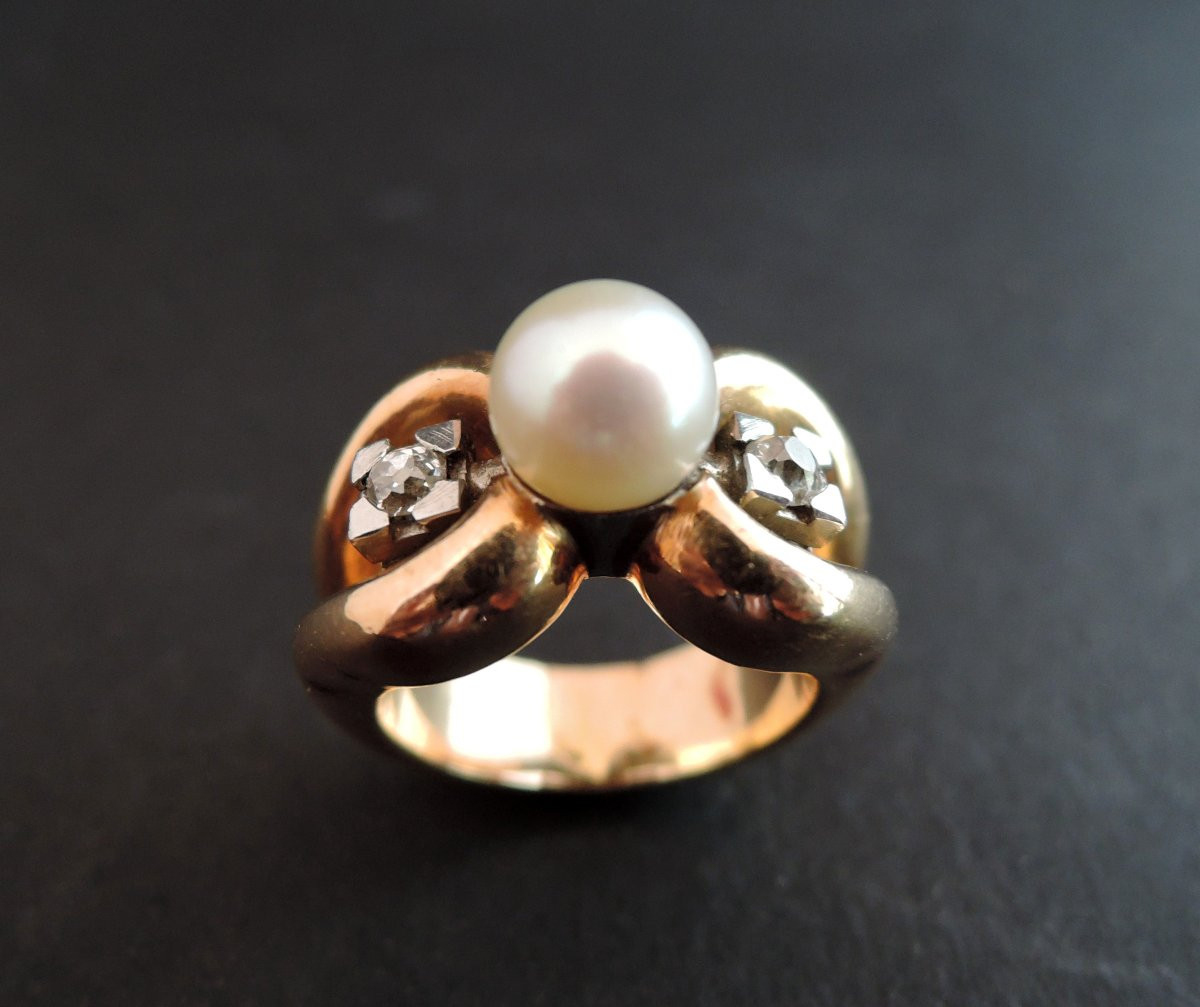 Bague Années 50' ,Maison Rouvenat Després, Perle Et Diamants, Or Et Platine.-photo-2