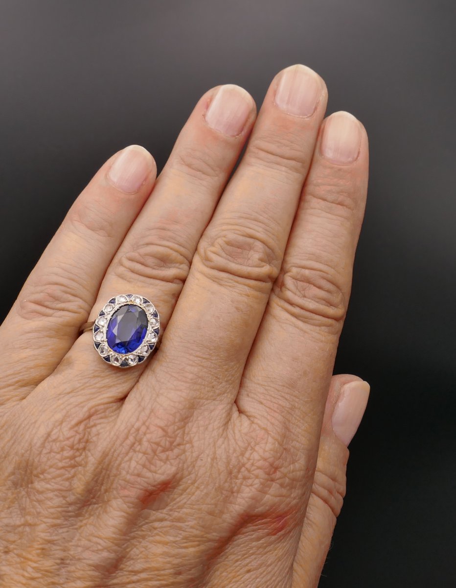 Bague Belle Epoque diamants taille rose et saphirs Verneuil.-photo-3