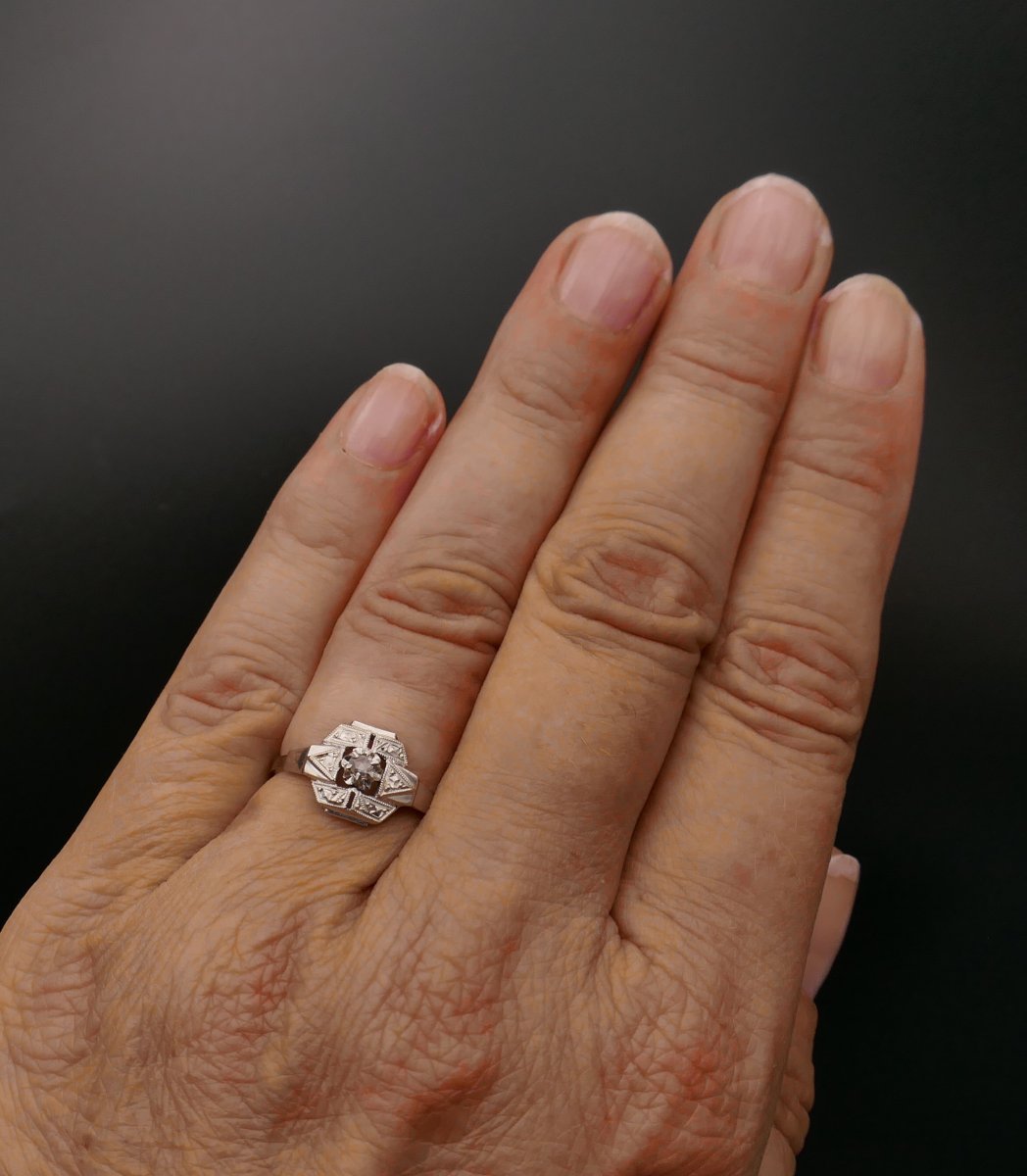 Art Deco Ring In Gold And Platinum, Set With A Diamond.-photo-3