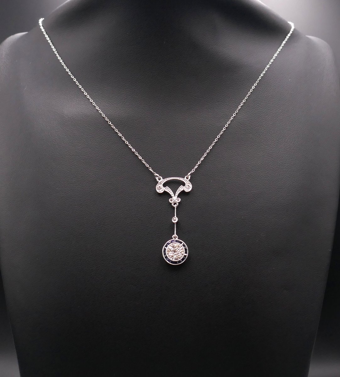 Collier Belle époque, diamants et saphirs calibrés.-photo-3