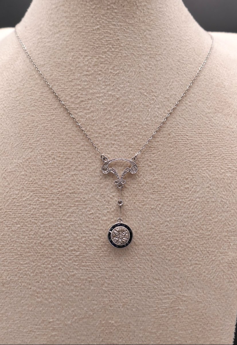 Collier Belle époque, diamants et saphirs calibrés.-photo-4