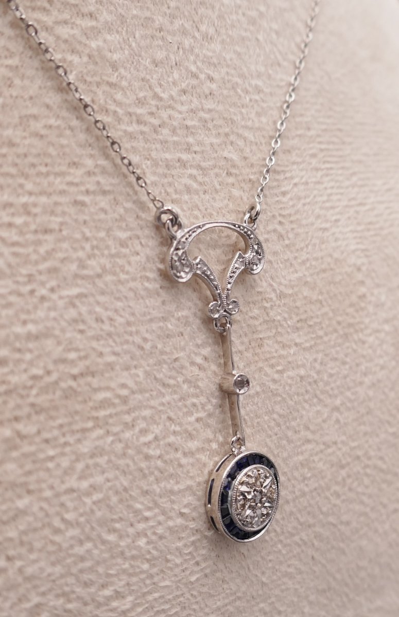 Collier Belle époque, diamants et saphirs calibrés.-photo-1