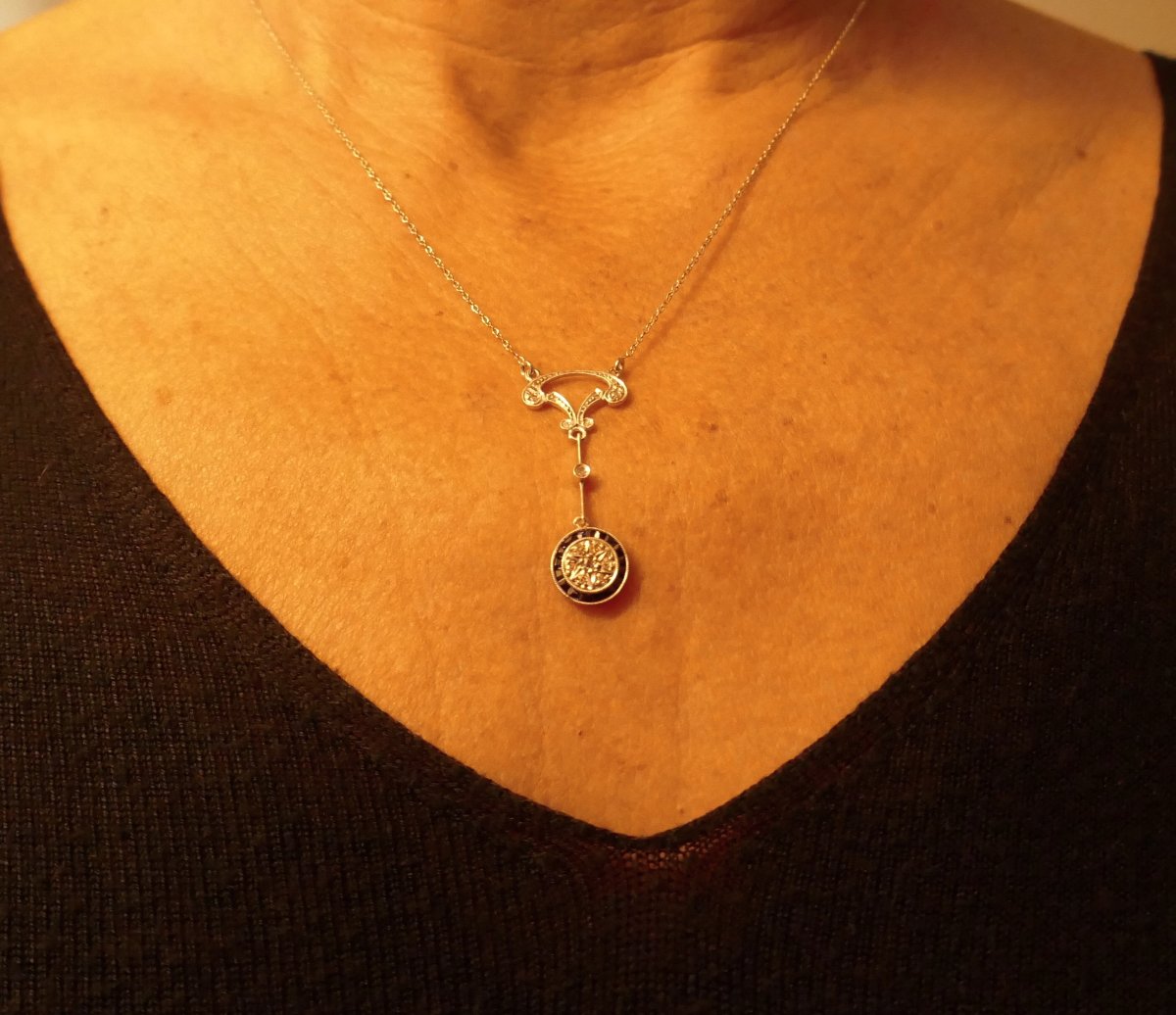 Collier Belle époque, diamants et saphirs calibrés.-photo-2