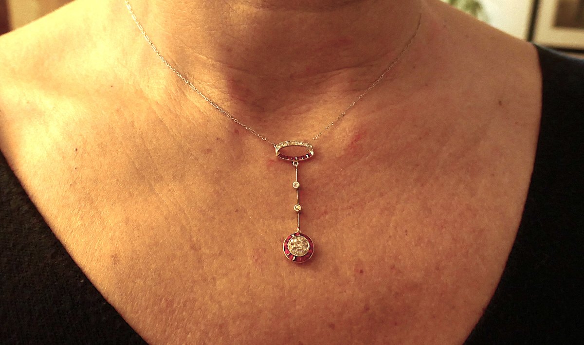 Collier Belle époque, diamants et rubis calibrés.-photo-1