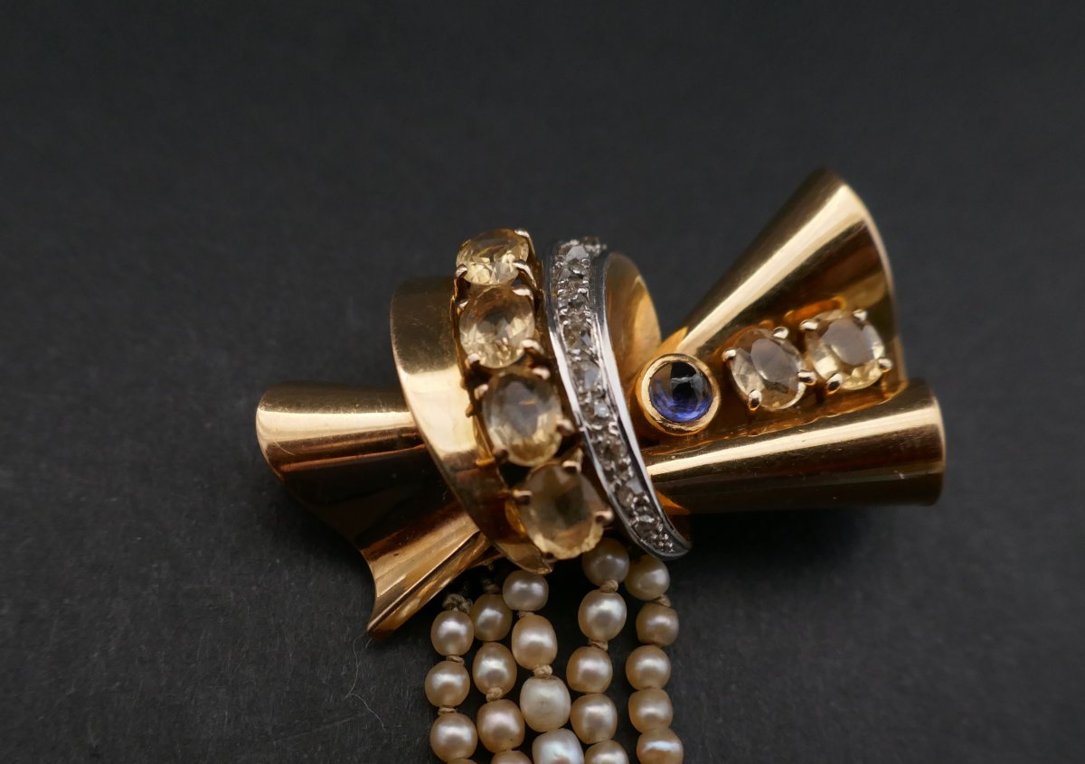 50 'brooch In Gold And Platinum, Sapphire, Citrine, Diamonds And Pearls.-photo-2