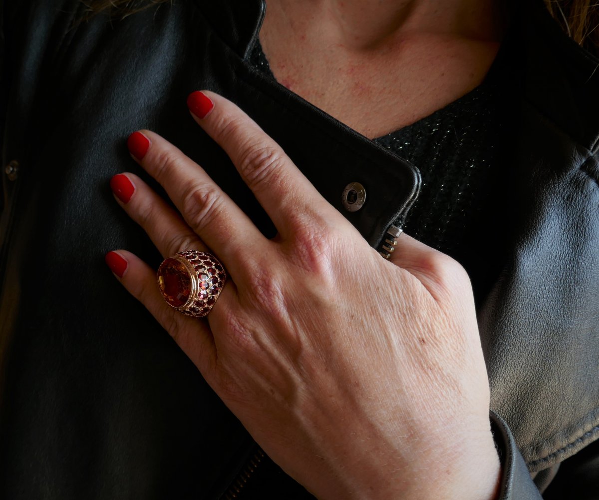 Importante Bague Citrine Et Grenats, Or Rose 18 Carats.-photo-4