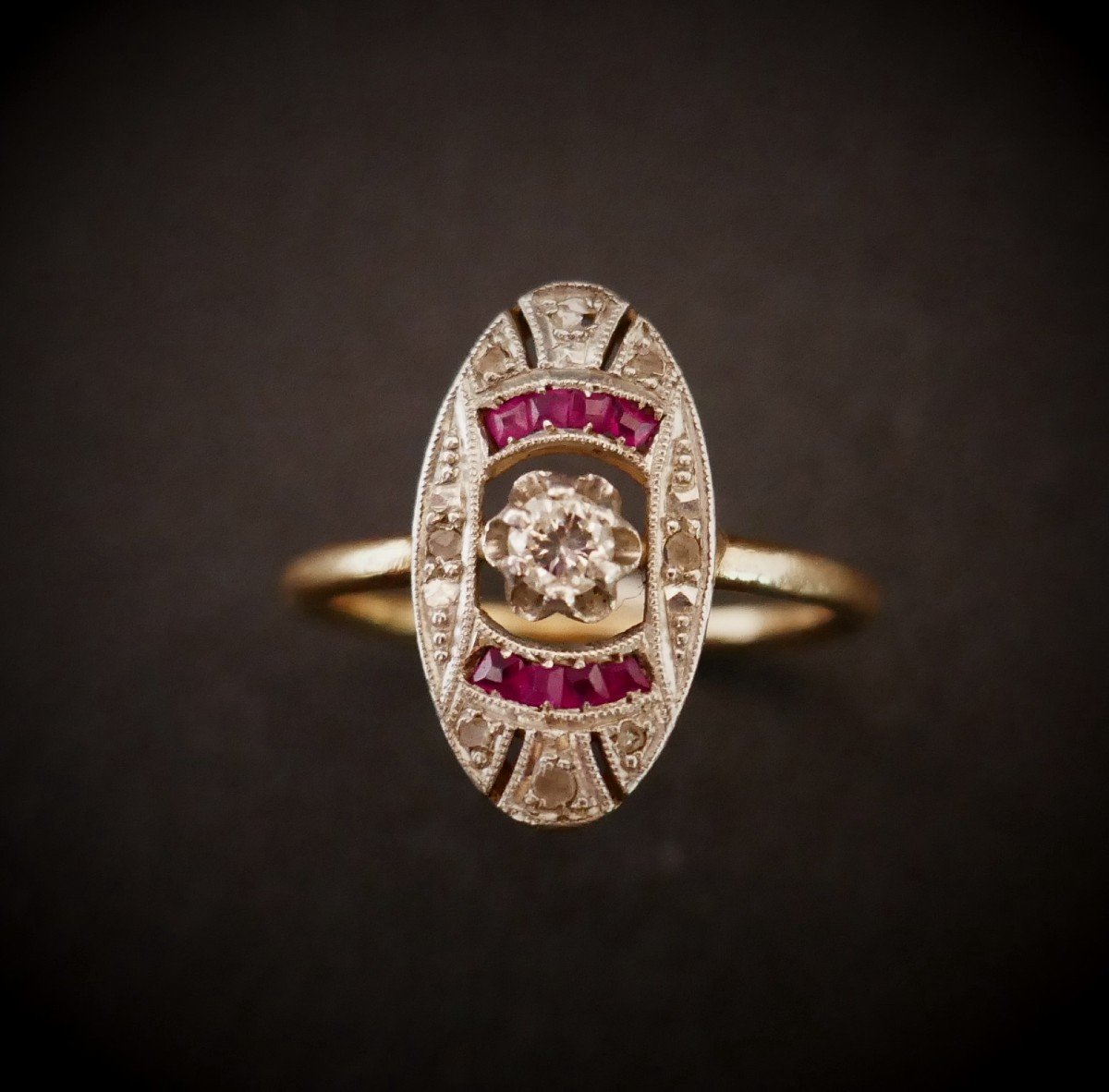 Art Deco Diamond And Ruby Calibrated Ring, 18k 2 Tone Gold.
