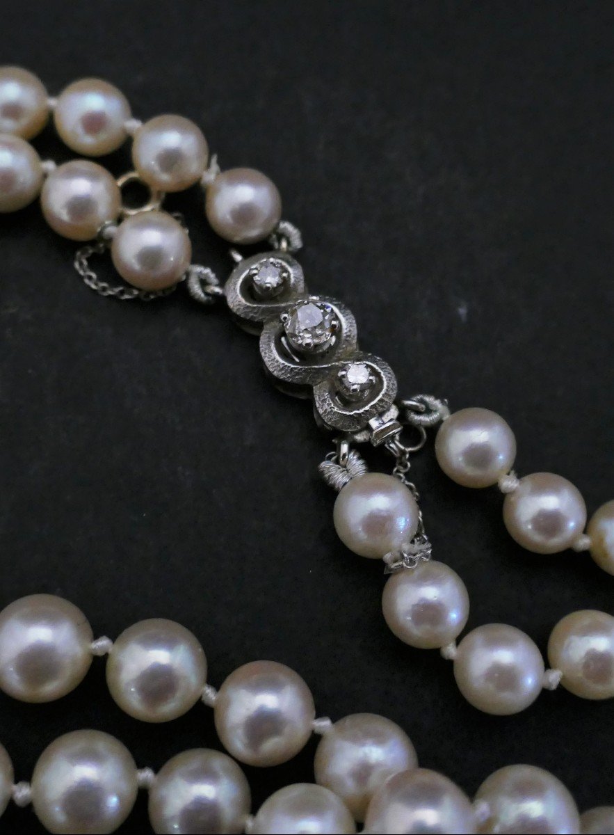 Double Row Necklace Of Cultured Pearls, Diamonds.-photo-2