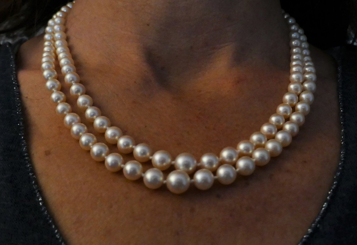 Collier Double Rang De Perles De Culture, Diamants.-photo-3