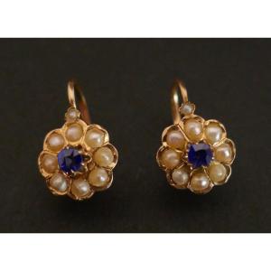 Old Verneuils Fine Pearl And Sapphire Stud Earrings.