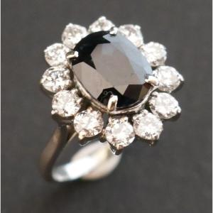 Bague Saphir Et Diamants, Or Blanc 18 Carats.