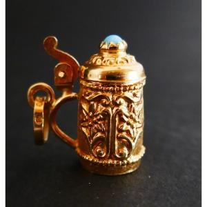 Articulated Beer Mug Charm Set With A Turquoise, 18k Gold.