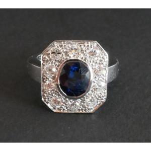 Sapphire And Diamond Ring, 18k White Gold Setting.