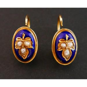 Antique Enamel And Pearl Stud Earrings, 18 Carat Gold.