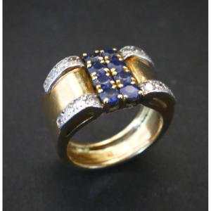 Bague Tank Saphirs Et Diamants, Or 18 Carats.