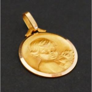 Art Deco Medal, Angel And Bouquet Of Roses.