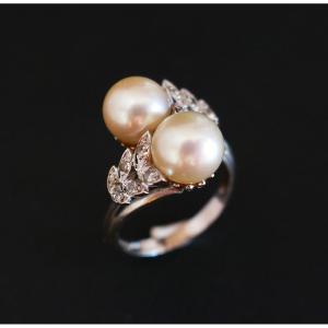 Bague Perles Et Diamants, Or 18 Carats.