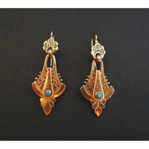 Napoleon III Earrings In Rose Gold, Pearls And Turquoises.