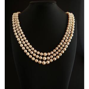 3 Row Cultured Pearl Necklace, Pearl Clasp.