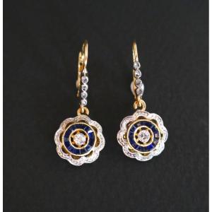 Art Deco Calibrated Diamonds And Sapphires Earrings.