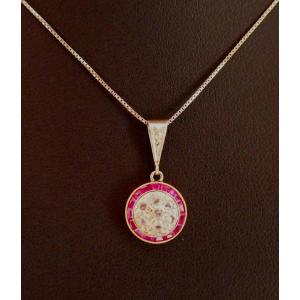 Art Deco Calibrated Diamonds And Rubies Pendant, 18 Carat Gold.