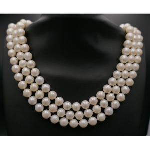 Collier De Perles De Culture 3 Rangs, Fermoir Or blanc 18 Carats et perle.