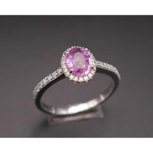 Pink Sapphire Ring With Diamond Surround, Diamond-paved Setting, 18-carat White Gold.