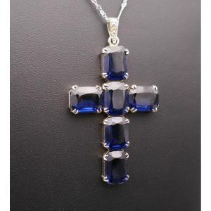 Important Silver And Blue Stone Cross With Silver Chain.