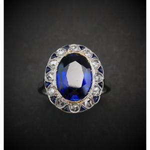Bague Belle Epoque diamants taille rose et saphirs Verneuil.