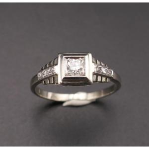 Vintage Art Deco Ring, Set With A Diamond Flanked By Rose-cut Diamonds.