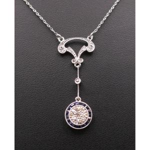 Collier Belle époque, diamants et saphirs calibrés.