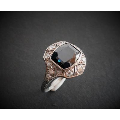 Bague Saphir et Diamants, Monture Platine.