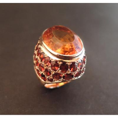 Importante Bague Citrine Et Grenats, Or Rose 18 Carats.