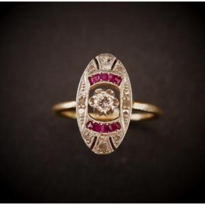 Art Deco Diamond And Ruby Calibrated Ring, 18k 2 Tone Gold.