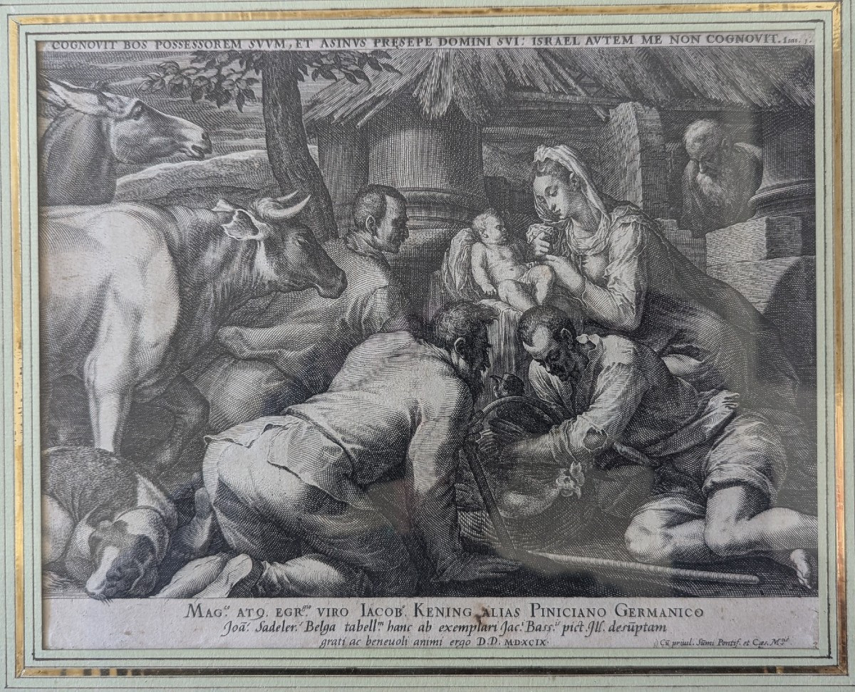 16th Century Engraving. Adoration Of The Magi. Jan Sadeler, Jacopo Bassano.