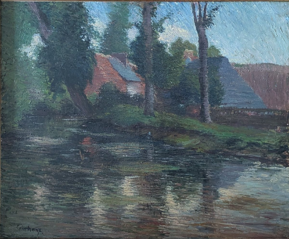 Ecole De Rouen.  Bord De Rivière. Signé Couchaux.-photo-4