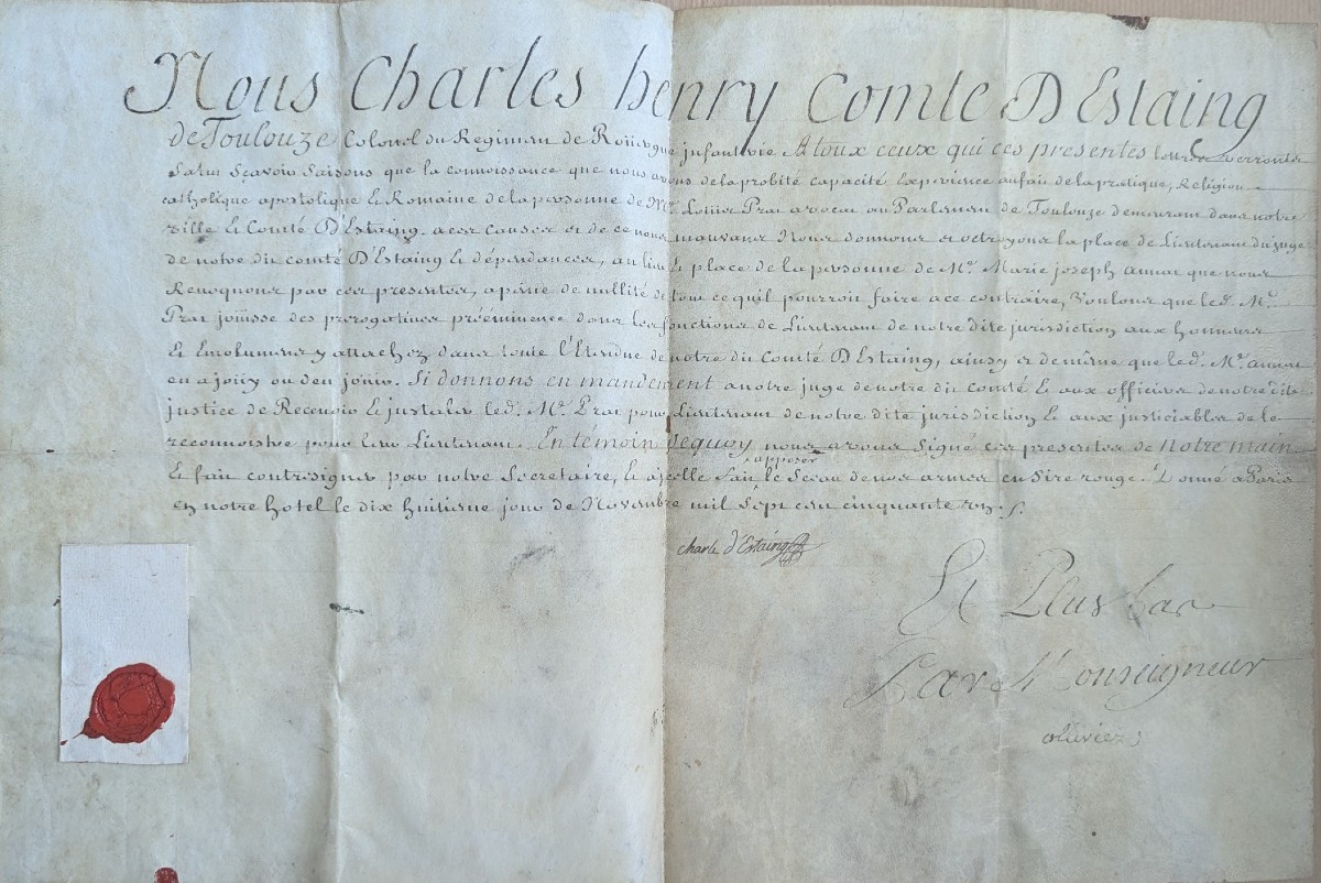 Document Avec Cachet. Charles Henry Compte d'Estaing. 18 ème.
