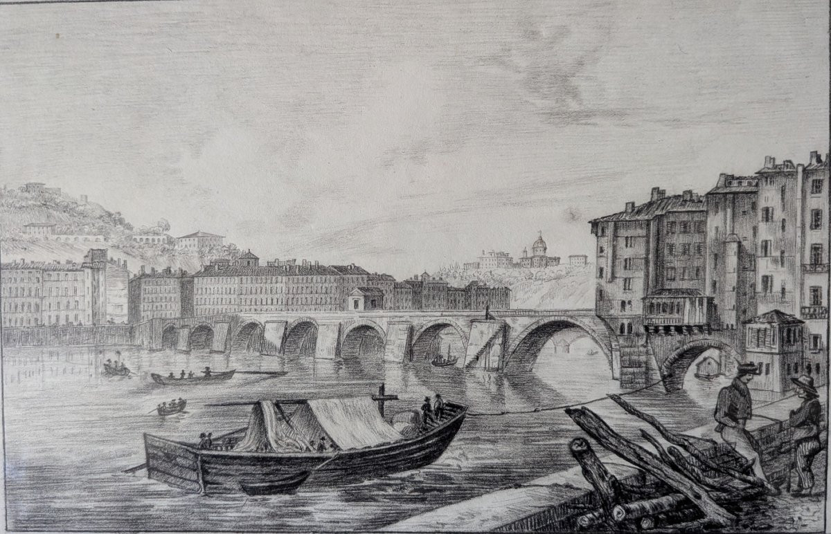 View Of The Pont Du Change. Lyon. 19th Century Drawing.-photo-3