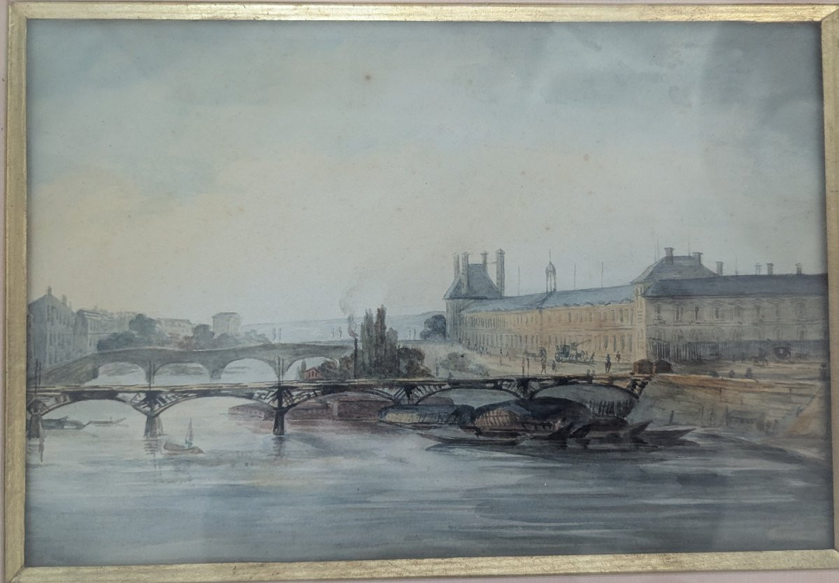 Vue Du Louvre Et De La Seine. Aquarelle 19 ème.-photo-3