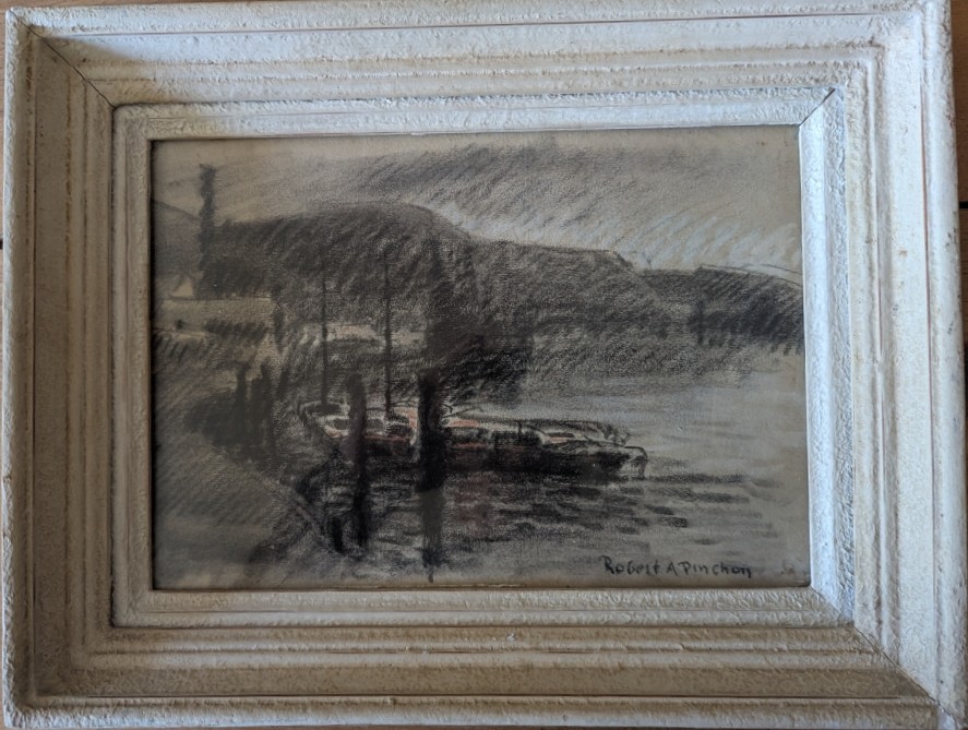 Robert Antoine Pinchon. (rouen School). Banks Of The Seine And Barges. Charcoal-photo-2