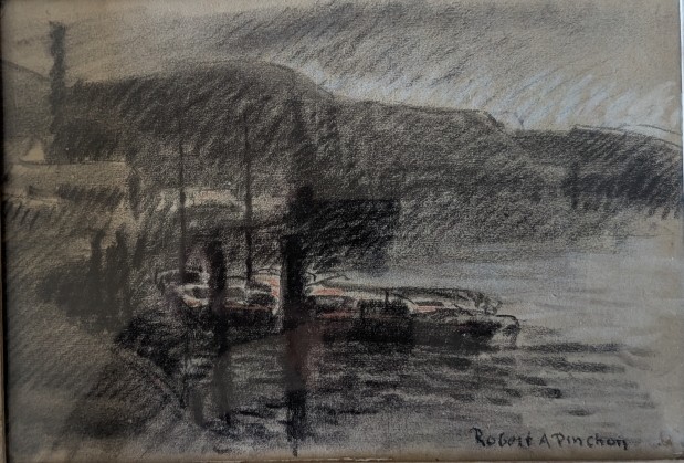 Robert Antoine Pinchon. (rouen School). Banks Of The Seine And Barges. Charcoal