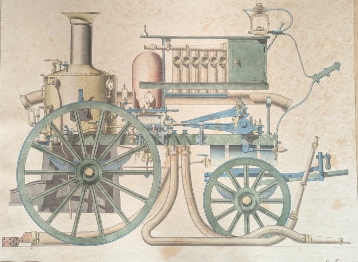 Watercolor Drawing. Steam Fire Engine. 1884.