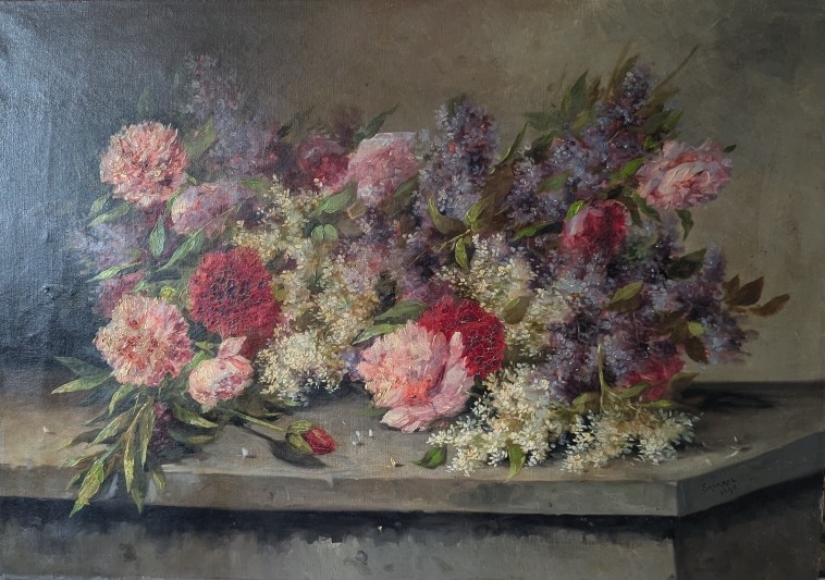 Bouquet de fleurs. Savarol . Grande huile sur toile. 1898