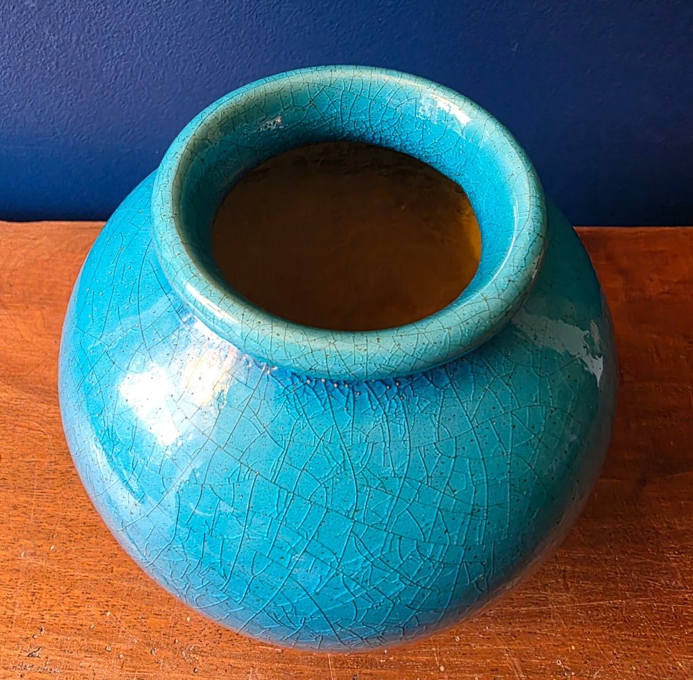 Art Deco Crackled Earthenware Ball Vase. Blue "deck"-photo-2