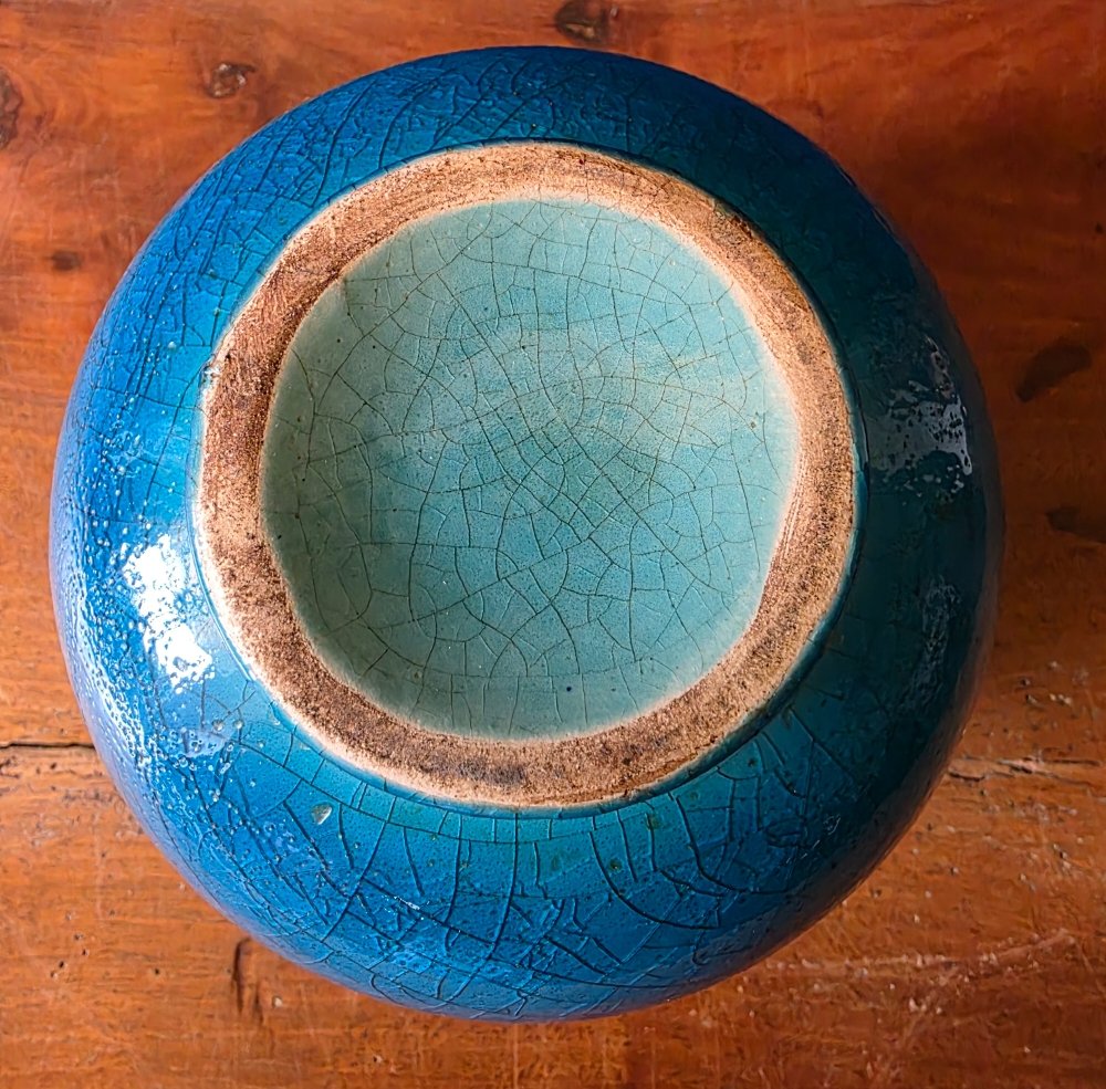 Art Deco Crackled Earthenware Ball Vase. Blue "deck"-photo-3