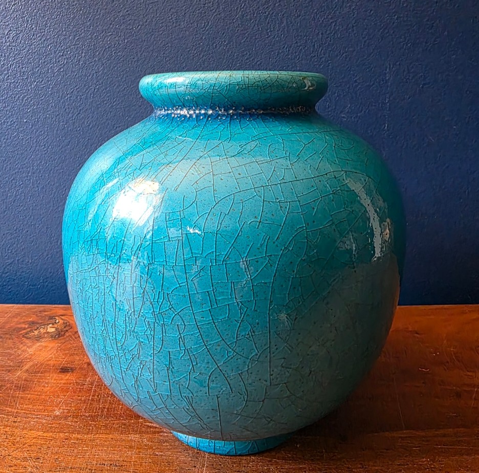 Art Deco Crackled Earthenware Ball Vase. Blue "deck"