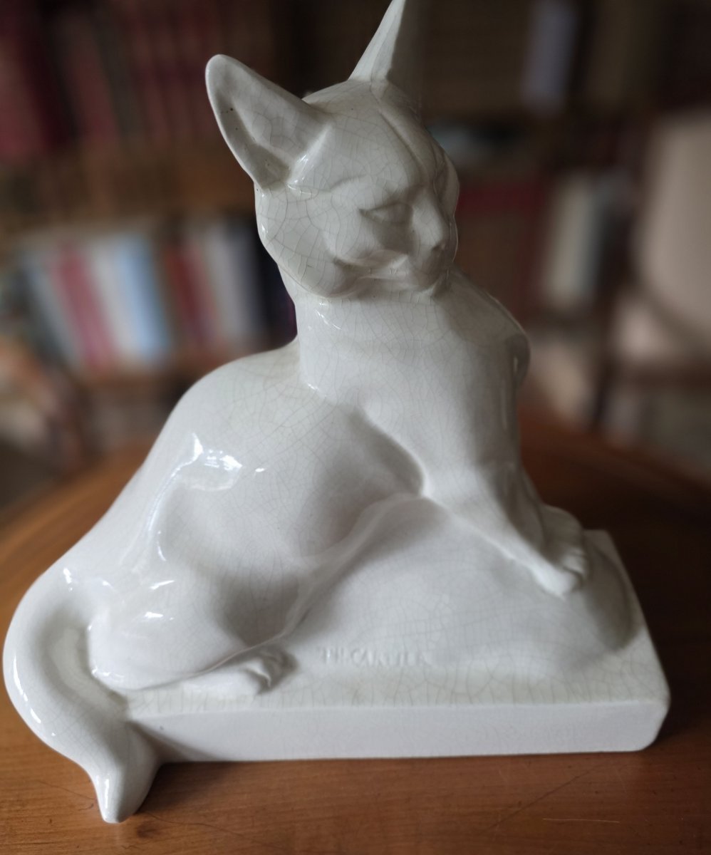 Cat In Crackled Earthenware. Thomas Cartier. Art Deco Period.-photo-4