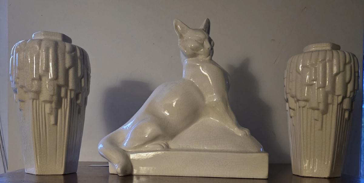 Cat In Crackled Earthenware. Thomas Cartier. Art Deco Period.-photo-2