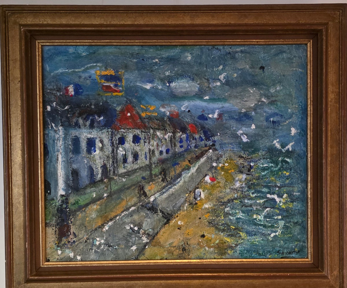 Robert Savary. Jour de pluie sur la cote normande. Huile sur toile.