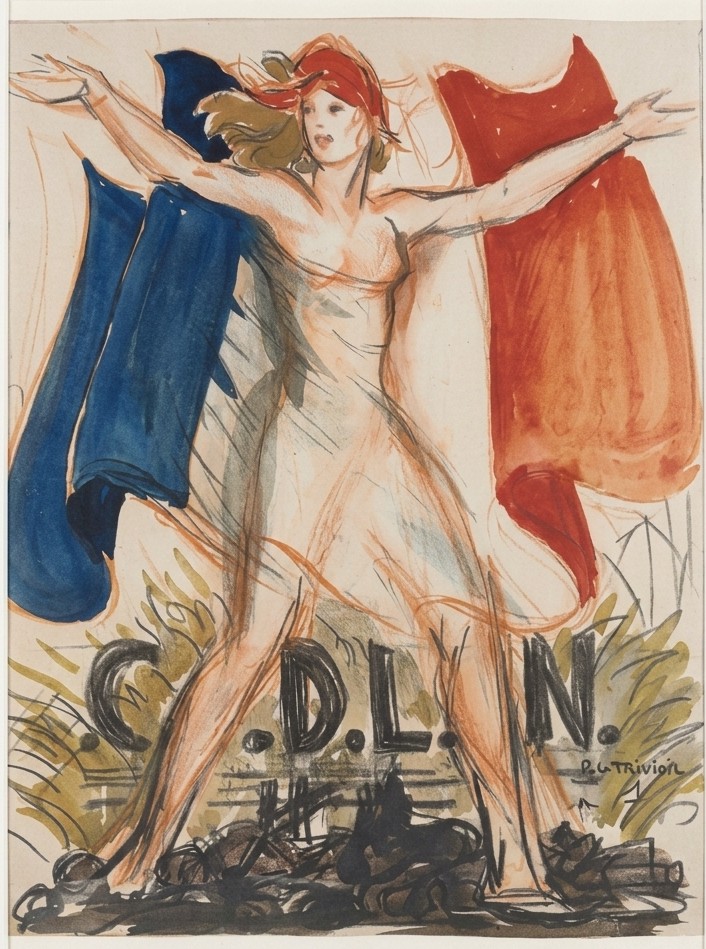 Pierre Le Trividic.  (école de Rouen). Projet d'affiche pour la libération. Aquarelle.